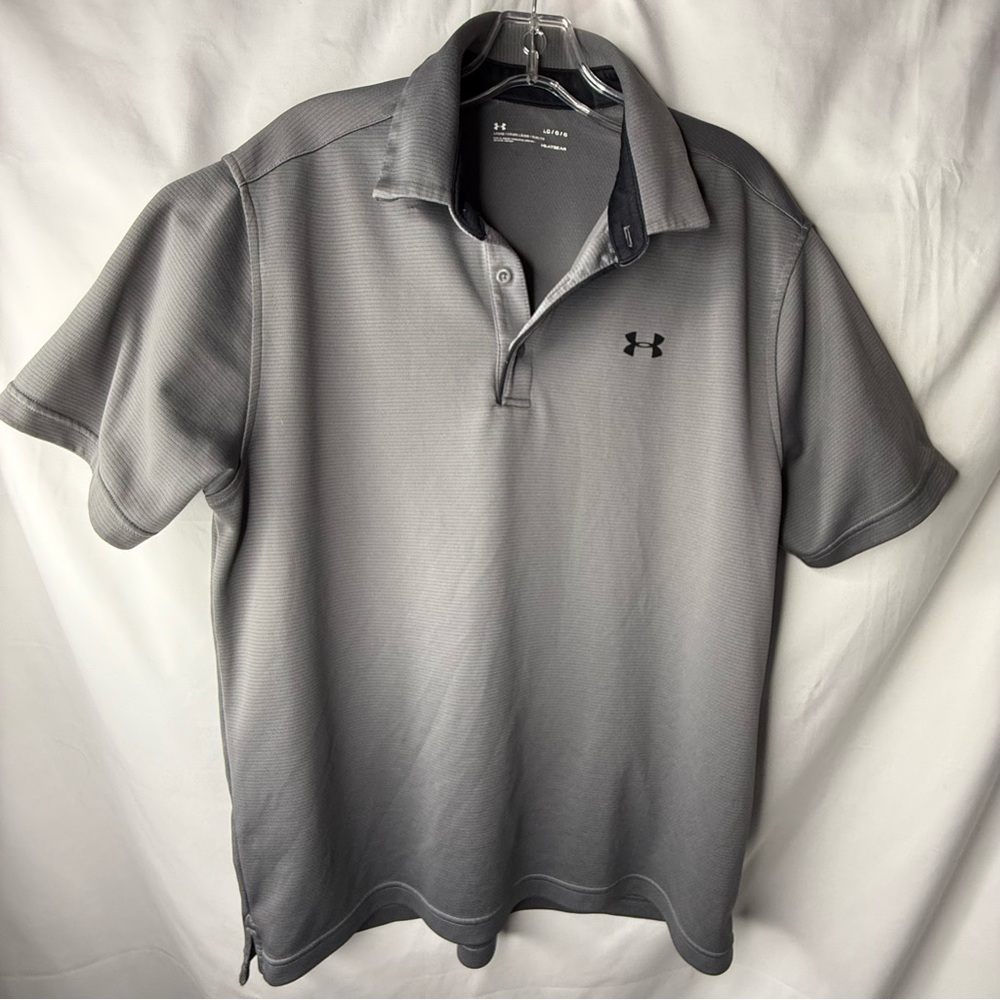 Under Armour Men's Large Fine Striped Charcoal Heat Gear Loose Polo Shirt
